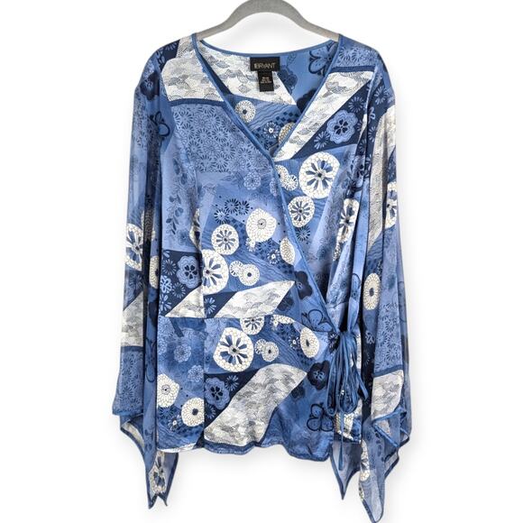 Lane Bryant Blue Silk Floral‎ Wrap Peplum Blouse Size 18/20 Whimsical Fairycore - Picture 1 of 7